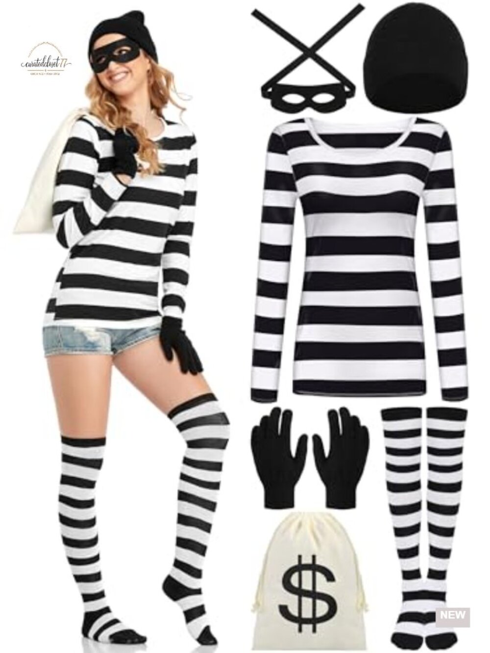 Women's Robber Costume Set Burglar Halloween Accessories Stripe Top Gloves